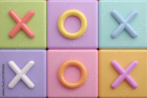 Bright, pastel-colored tiles display a tic-tac-toe grid with playful X and O symbols. The arrangement showcases a vibrant and engaging design, perfect for attracting players of all ages.