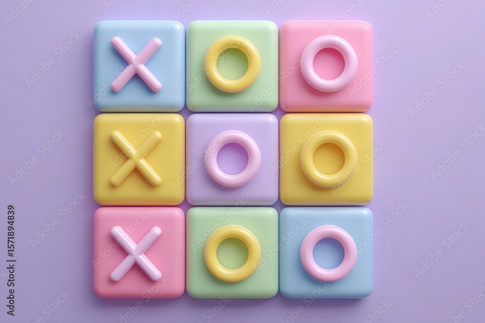 Naklejka premium A tic-tac-toe game is displayed on a purple background. The board features pastel-colored squares with circular and X shapes, showcasing a playful design ideal for children.