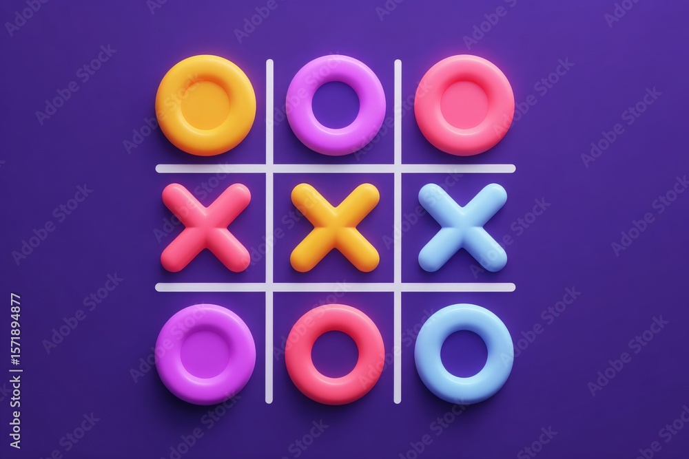 Fototapeta premium Brightly colored game pieces arranged on a tic-tac-toe grid highlight the playful spirit of this classic game. Circular and cross shapes in various colors add a lively touch to the violet backdrop.