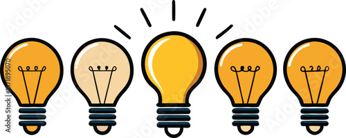 A minimalist collection of illustrations featuring a row of glowing light bulbs, symbolizing illuminated ideas, innovation, and continuous thought.