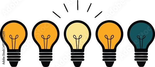 A minimalist collection of illustrations featuring a row of glowing light bulbs, symbolizing illuminated ideas, innovation, and continuous thought.