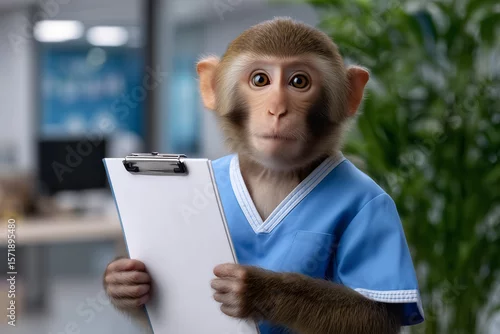 Fototapeta samoprzylepna Monkey Doctor Holding Clipboard in Blue Scrubs Medical Concept