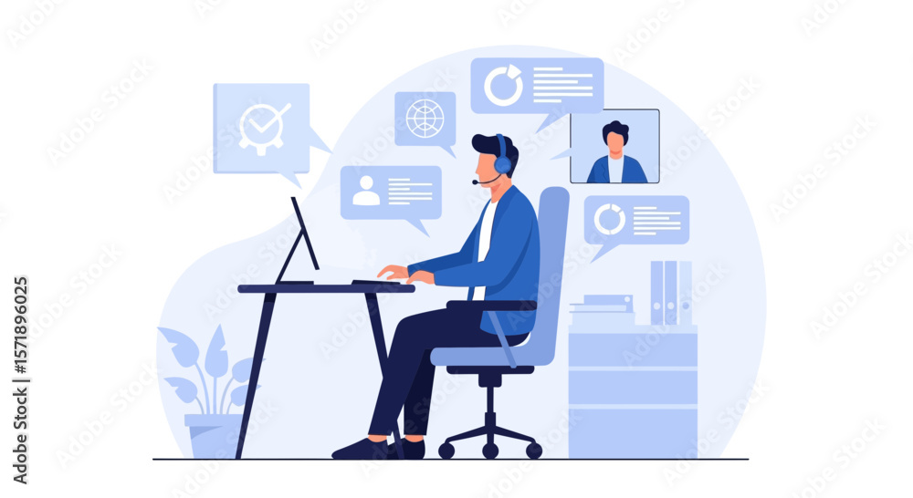 Man Working From Home Using Computer For Video Calls And Online Communication Man Working From Home Using Computer For Video Calls And Online Communication