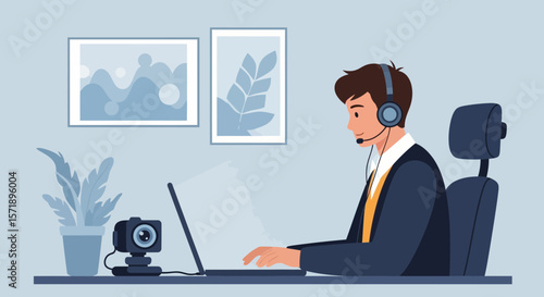 Man Working From Home On Laptop With Headset And Webcam On Table Design