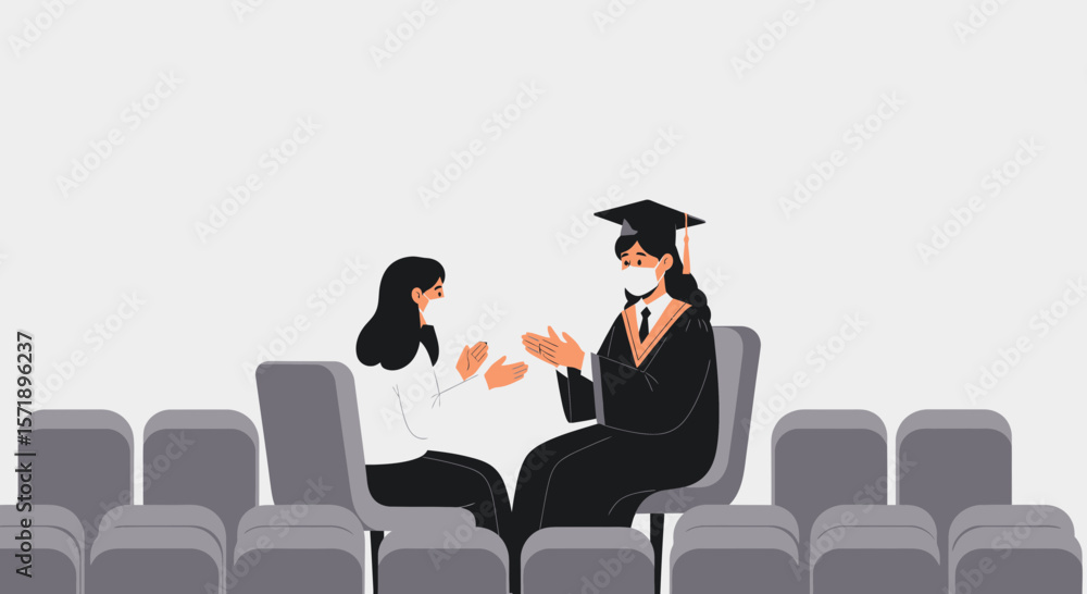Obraz premium Masked Graduate Celebrates Success With Friend After University Degree Ceremony