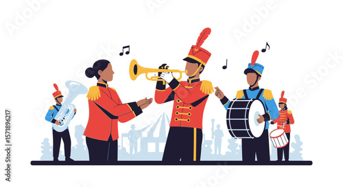 Marching Band Performing At Parade In Uniforms With Musical Instruments Illustration