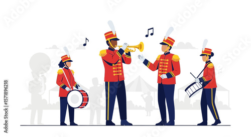 Marching Band Performance Illustration With Musicians And Traditional Uniforms