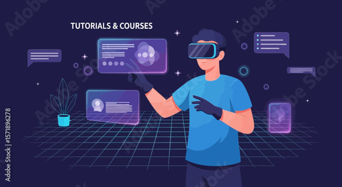 Virtual Reality Experience Man Interacting with Digital Interface and Data Visualizations