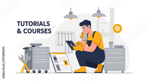 Mechanic Attending Online Workshop Or Learning On Tablet Device In Garage