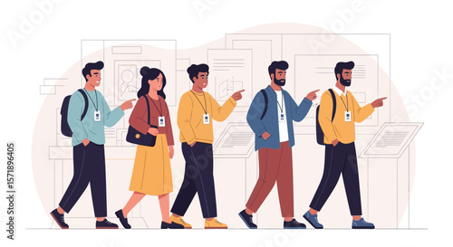 Group Of People On An Excursion In An Art Gallery With Guides With Hand Signs