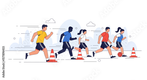 People Engaged In Athletics Running And Dribbling Through Cones Flat Vector Illustration