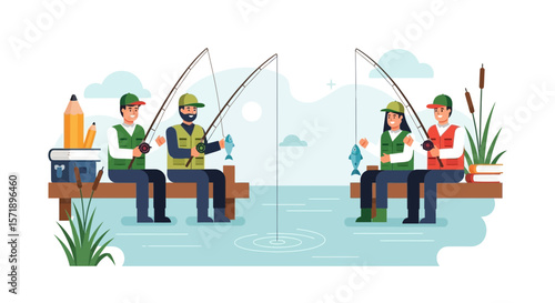 People Enjoying A Peaceful Fishing Trip With Educational Tools Outdoors By The Water