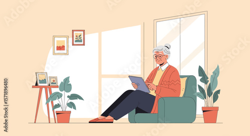 Senior Woman Enjoying Technology Leisurely in Her Comfortable Home Indoor