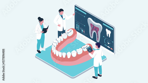 team of dentists analyzing a 3d dental model and digital scan, isometric vector illustration for digital dentistry, 3d implant planning and orthodontic technology