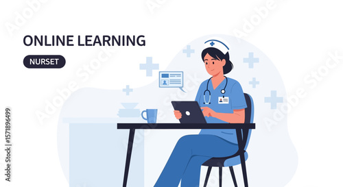 Medical Professional Engaged In Online Education Via Tablet At Her Desk