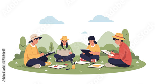 Group Outdoor Art Session In Nature Sketching And Painting