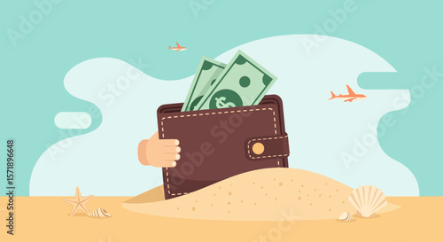 Wallet Full Of Money On The Beach Background For Summer Travel And Vacation