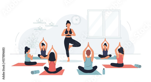 Group Yoga Class In Studio With Instructor Guiding Poses And Mindfulness