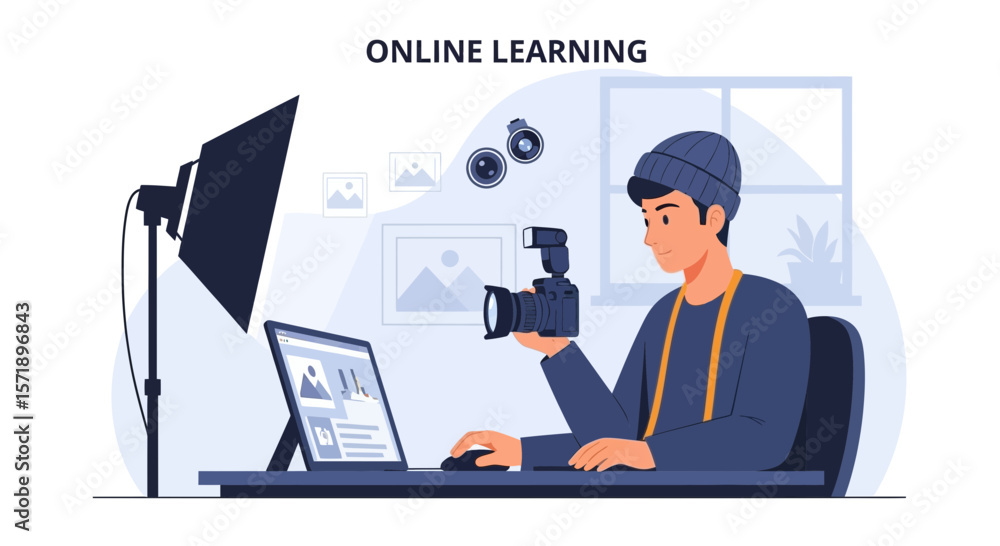 Photographer Learning Online Digital Photography And Photo Editing At Home