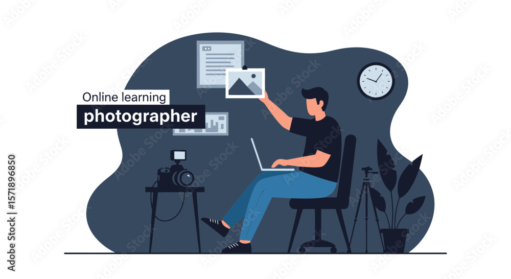Photographer Learning Online Editing Pictures With Laptop At Home Photography School