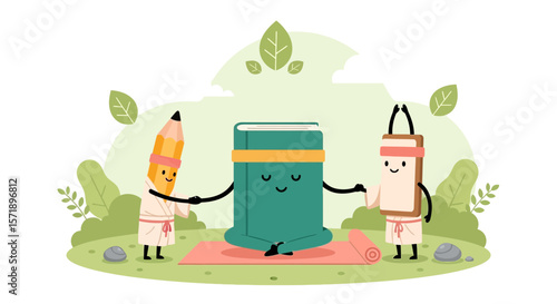Mindful Book Meditating With Pencil And Notebook Friends Cartoon Illustration