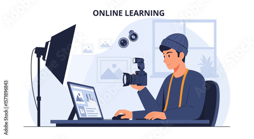 Photographer Learning Online Digital Photography And Photo Editing At Home