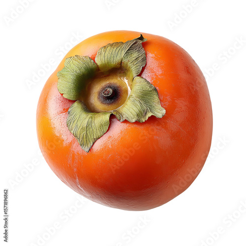 A close-up shot of a ripe persimmon fruit with green leaves
