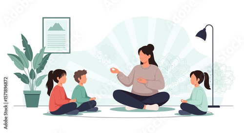 Mindful Family Yoga And Meditation At Home Together In Peaceful Harmony Setting