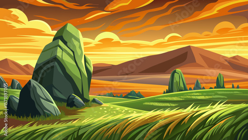 Panoramic countryside vector, Romania spring landscape, rolling hills, grassy fields, rural mountain scenery, sunny afternoon, blooming meadows, peaceful nature, European village view, green valley