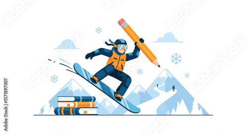 Winter Writer With Snowboard And Pencil Illustration Ready For Academic Adventure