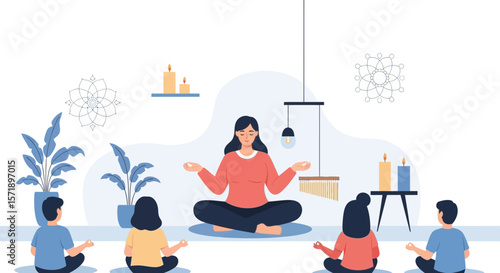 Mindfulness Meditation Class With Woman Leading Practice For Kids In Relaxing Environment