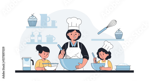 Happy Family Baking Together At Home Mother Teaching Kids Cooking Concept
