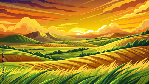 Panoramic countryside vector, Romania spring landscape, rolling hills, grassy fields, rural mountain scenery, sunny afternoon, blooming meadows, peaceful nature, European village view, green valley