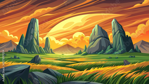 Panoramic countryside vector, Romania spring landscape, rolling hills, grassy fields, rural mountain scenery, sunny afternoon, blooming meadows, peaceful nature, European village view, green valley