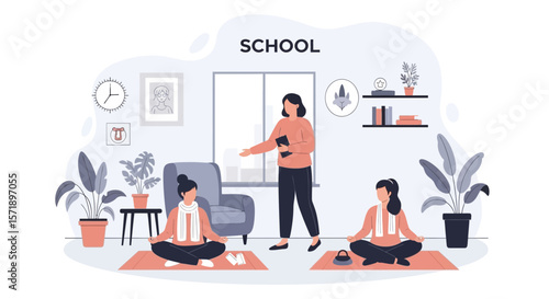 Mindfulness Practice In School Yoga Session With Teacher Coaching Students