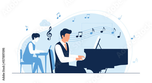 Piano Performance: Musician Playing Grand Piano With Musical Composition Assistant