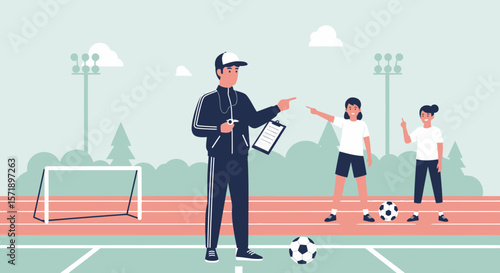 Soccer Coach Instructing Young Players On The Field During Practice Session