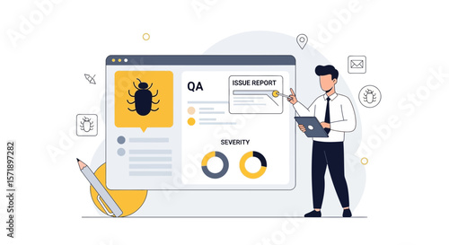 Software Debugging Process Illustration With Tester Analyzing Data For Quality Assurance