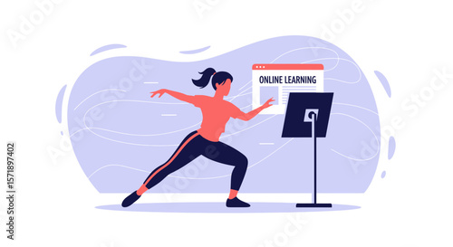 Woman Doing Exercise At Home With Online Class For Healthy Lifestyle