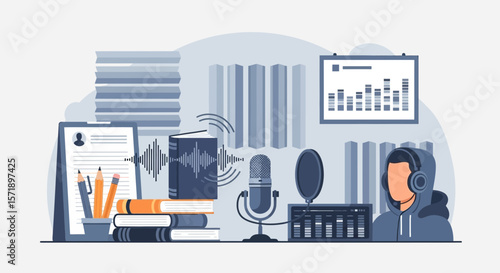 Podcast Production Studio With Sound Mixing And Voice Recording Equipment