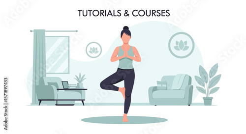 Woman Doing Tree Pose For Online Yoga And Meditation Tutorials At Home