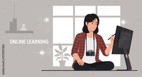 Woman Engaging In Remote Art Class Using Digital Graphics Tablet With Camera