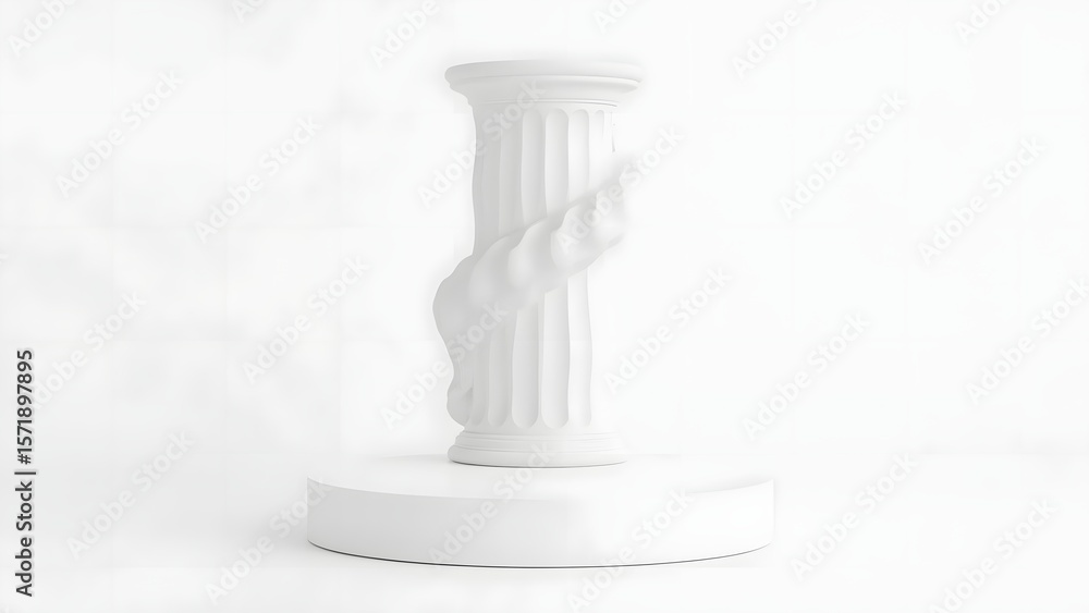 White classical column with a sculpted hand wrapped around it on a white pedestal White classical column with a sculpted hand wrapped around it on a white pedestal