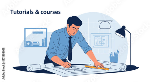 Professional Architect Creating Blueprint Design For Construction Project Planning