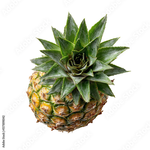 Fresh pineapple fruit with green crown in studio shot. The fruit features a yellow and brown texture and is perfectly lit to showcase all of its detail