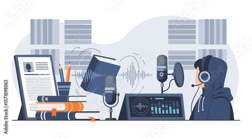 Professional Audio Production Studio Recording Podcast With Microphone And Sound Waves