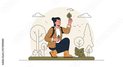 Woman Exploring Nature Holding Leaves Ecology Awareness In The Outdoors