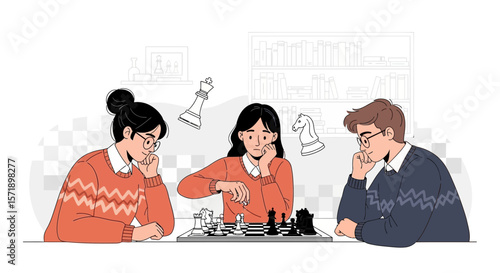 Strategic Thinking Three Friends Playing Chess at Home Leisure Activity
