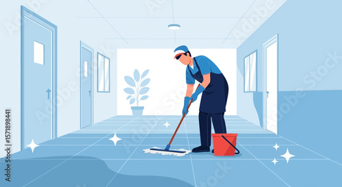 Professional Cleaner Maintaining Hygiene Mopping Floor Inside Building Hallway