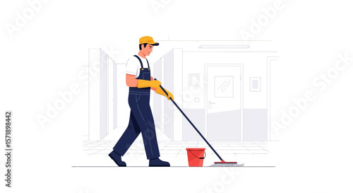 Professional Cleaner Mopping Floor In Hallway For Hygiene And Sanitation Work